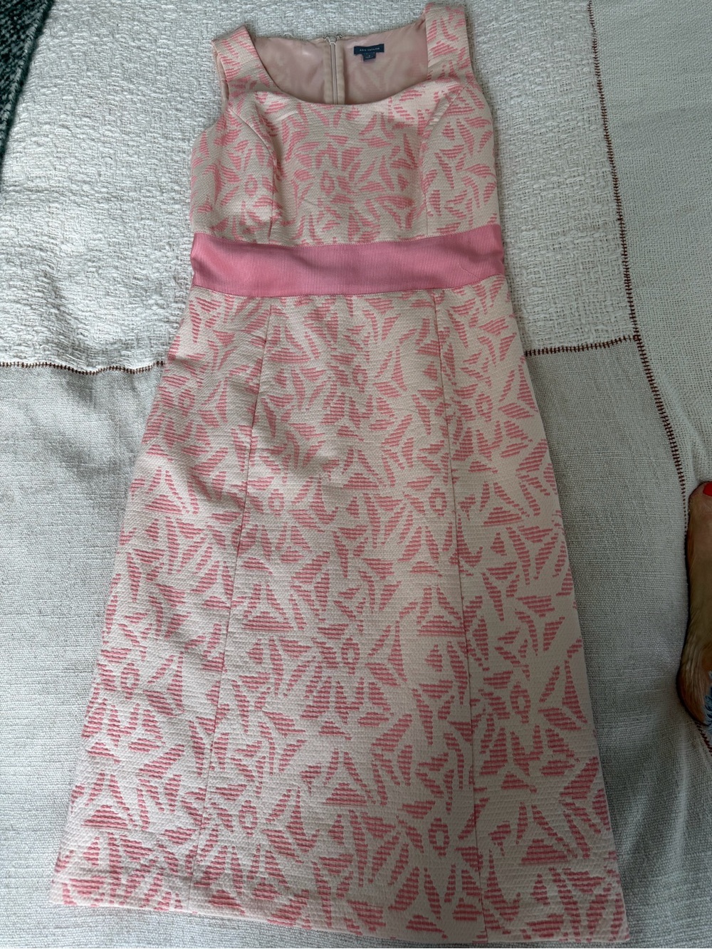 Ann Taylor Pink and Cream Floral Jacquard Dress with Satin Bow Waistband